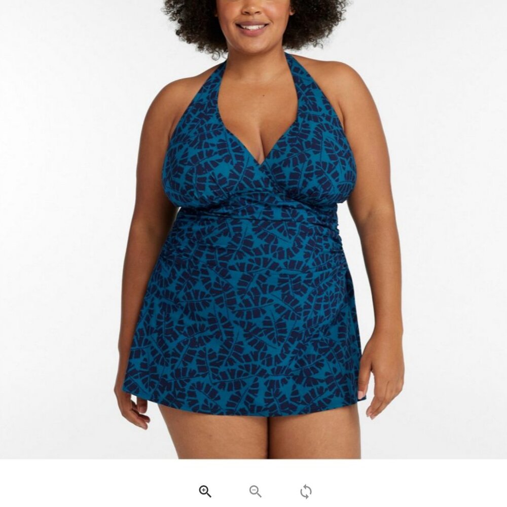 L.L. Bean Women’s Shaping Halter Swim Dress Blue Size 16 UPF 50+
